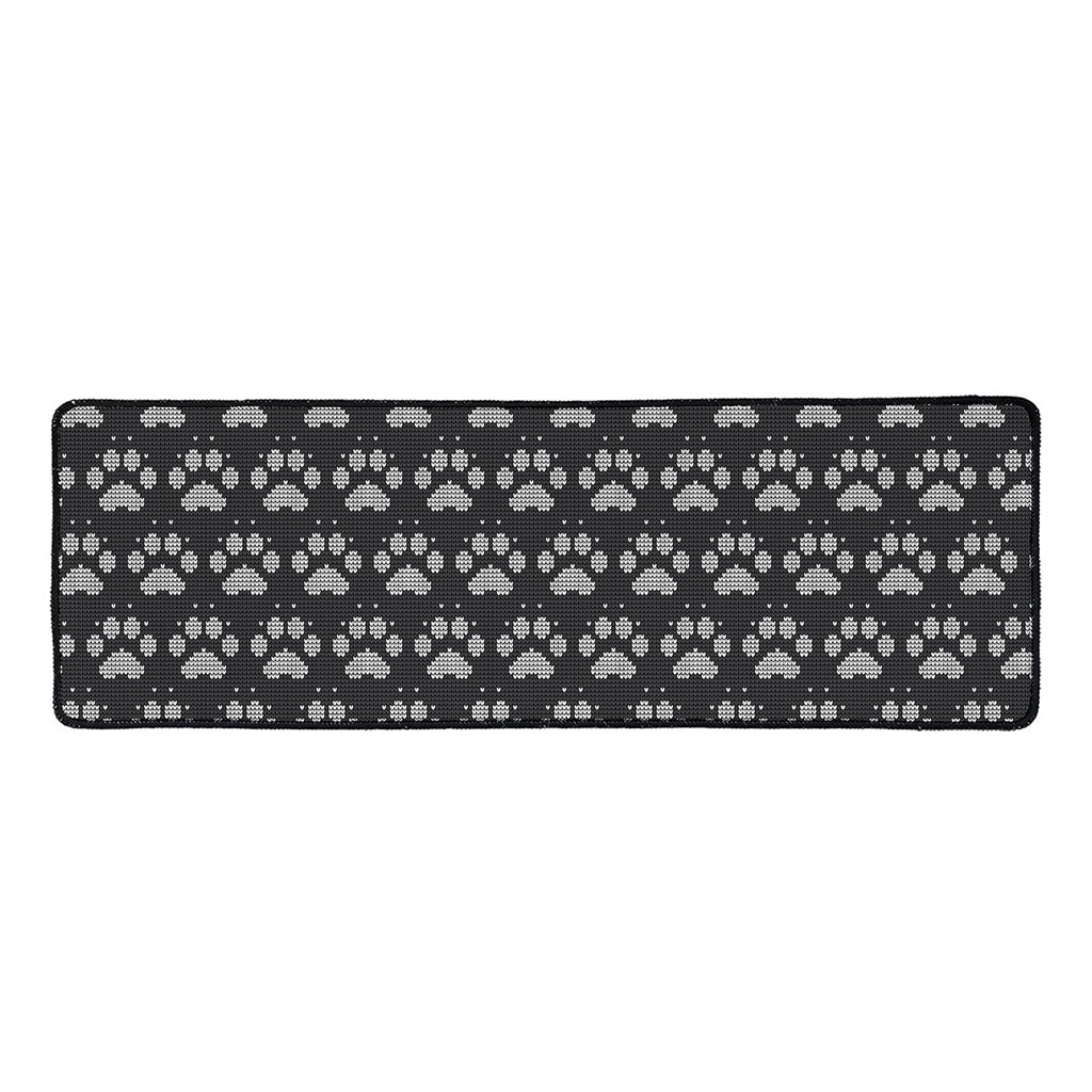 Grey And White Paw Knitted Pattern Print Long Kitchen Mat