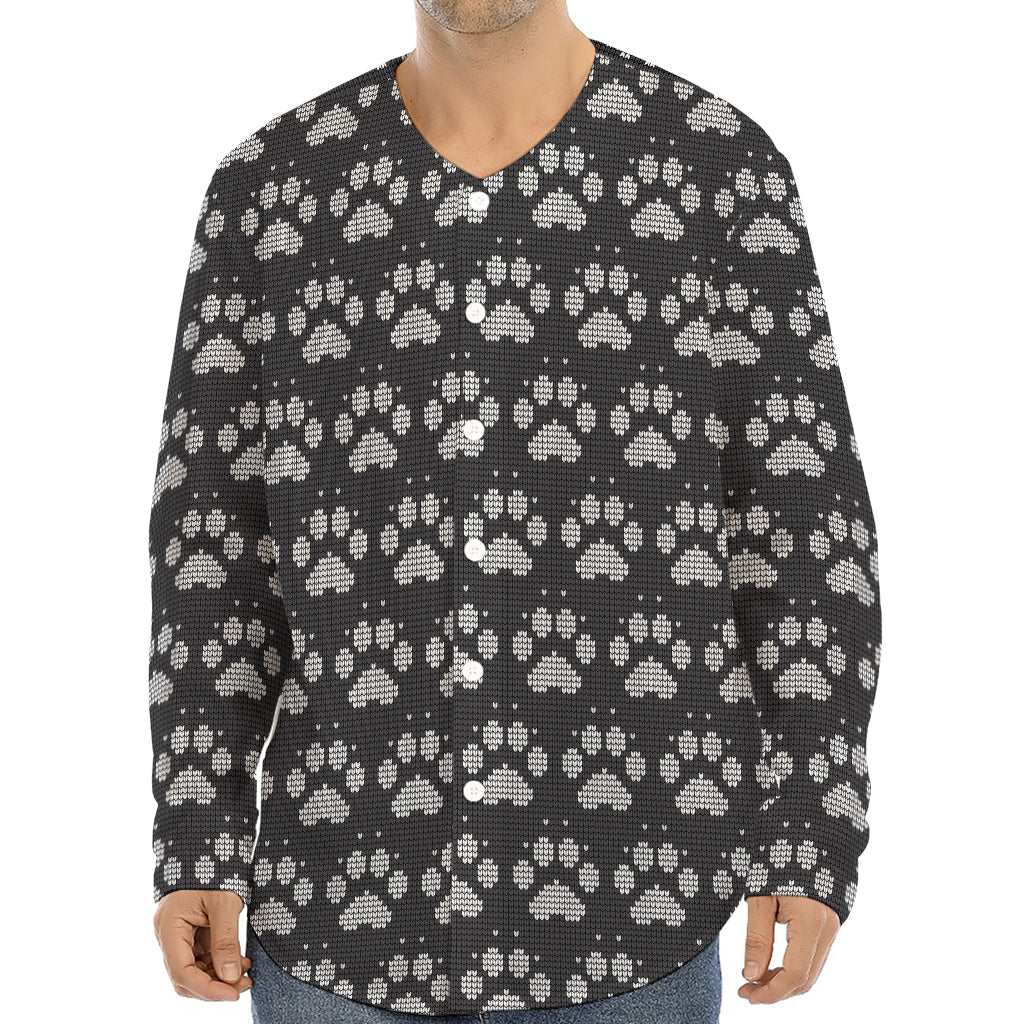 Grey And White Paw Knitted Pattern Print Long Sleeve Baseball Jersey