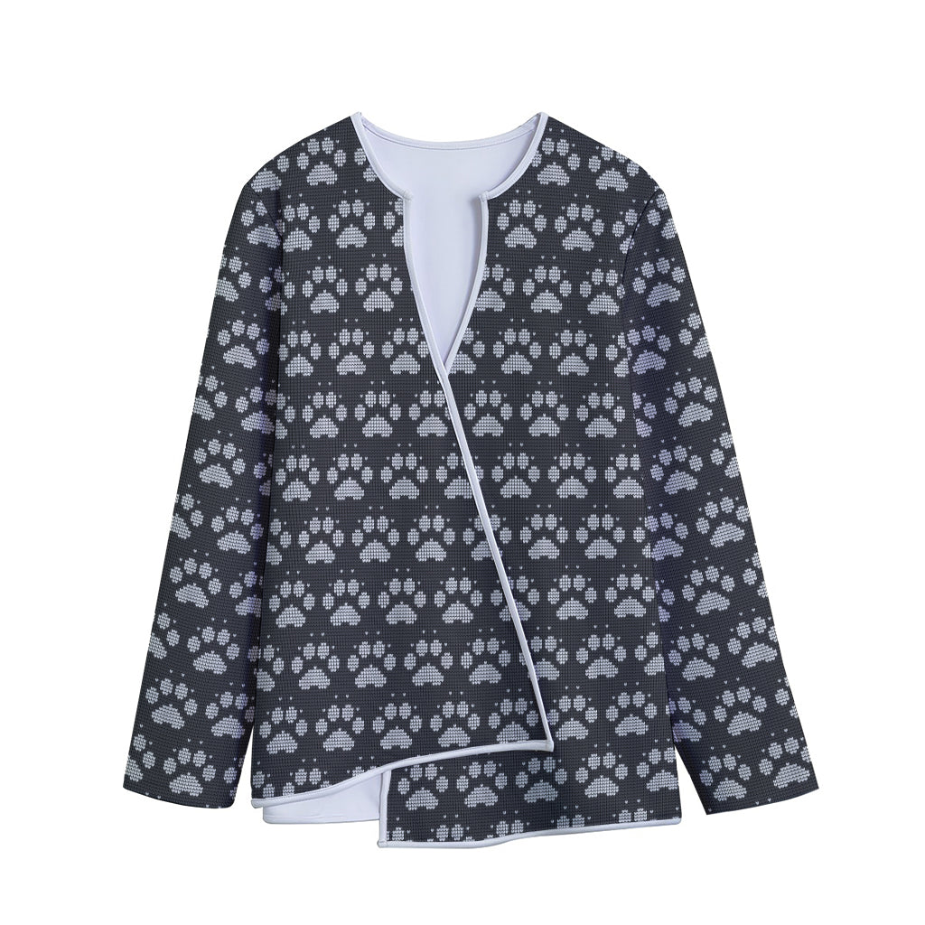 Grey And White Paw Knitted Pattern Print Long Sleeve Short Coat