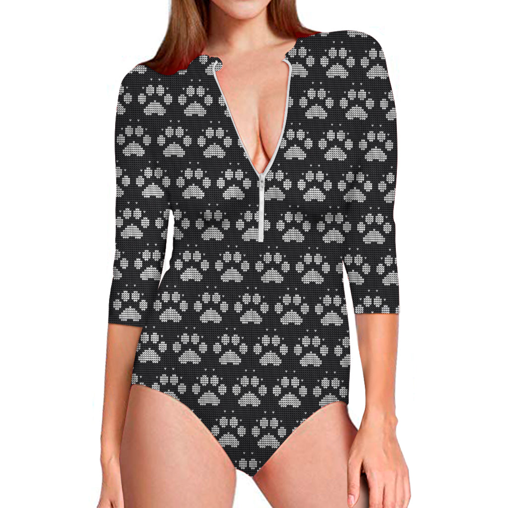 Grey And White Paw Knitted Pattern Print Long Sleeve Swimsuit