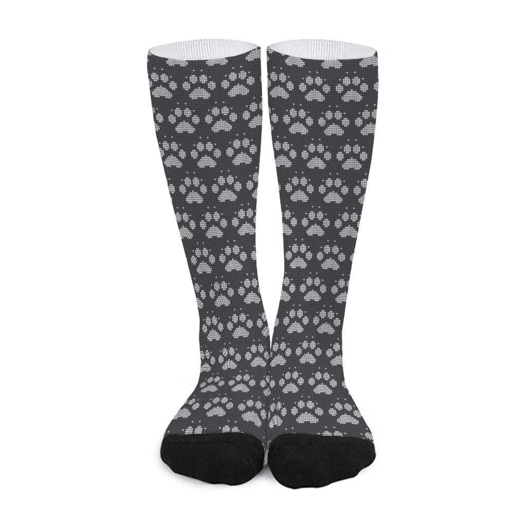 Grey And White Paw Knitted Pattern Print Long Socks