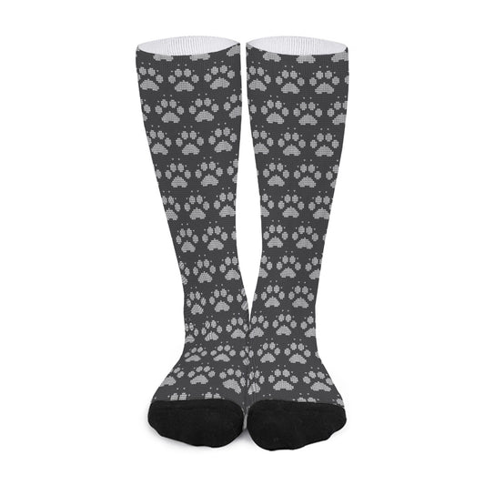 Grey And White Paw Knitted Pattern Print Long Socks