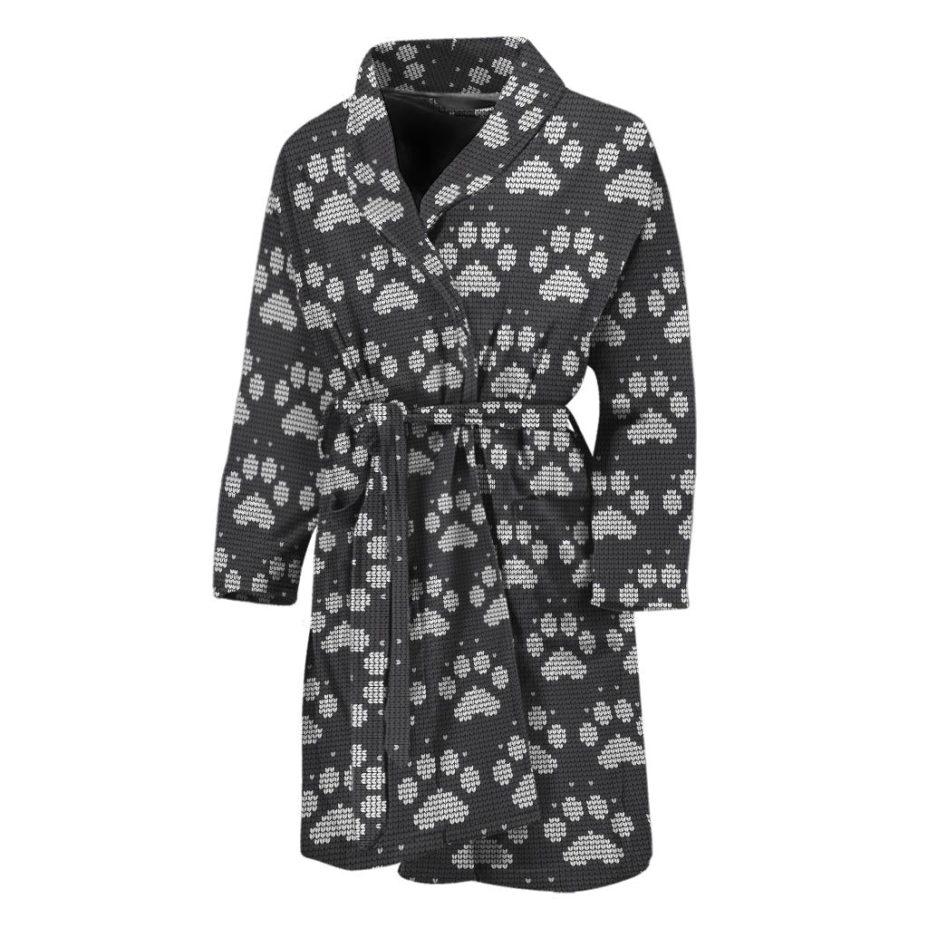 Grey And White Paw Knitted Pattern Print Men's Bathrobe