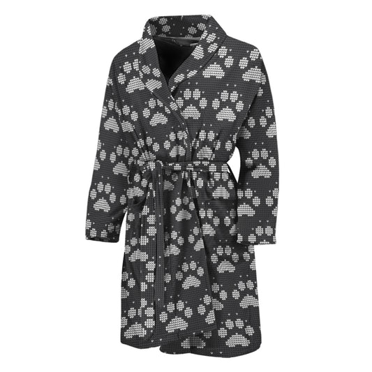 Grey And White Paw Knitted Pattern Print Men's Bathrobe