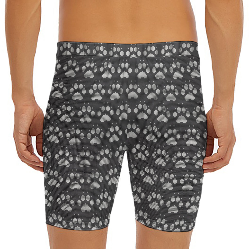 Grey And White Paw Knitted Pattern Print Men's Long Boxer Briefs