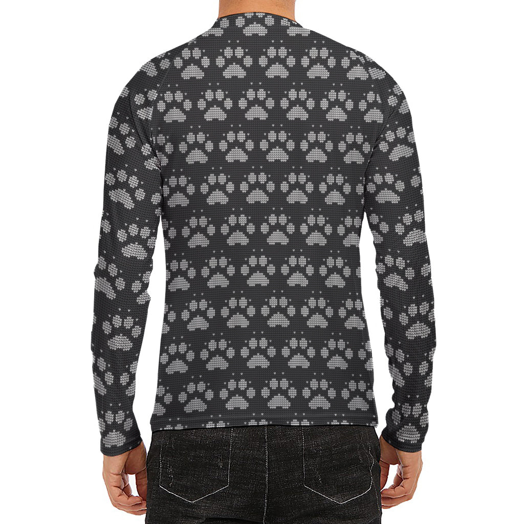 Grey And White Paw Knitted Pattern Print Men's Long Sleeve Rash Guard