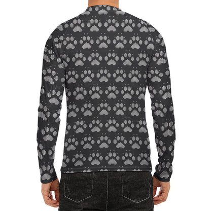 Grey And White Paw Knitted Pattern Print Men's Long Sleeve Rash Guard