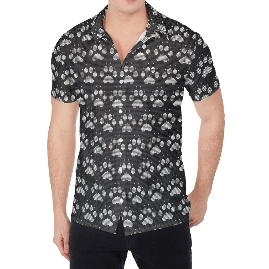 Grey And White Paw Knitted Pattern Print Men's Shirt