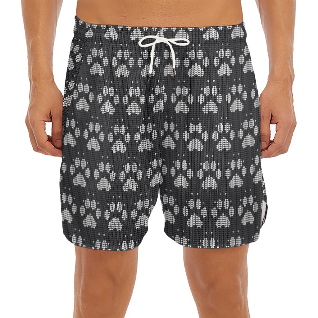 Grey And White Paw Knitted Pattern Print Men's Split Running Shorts