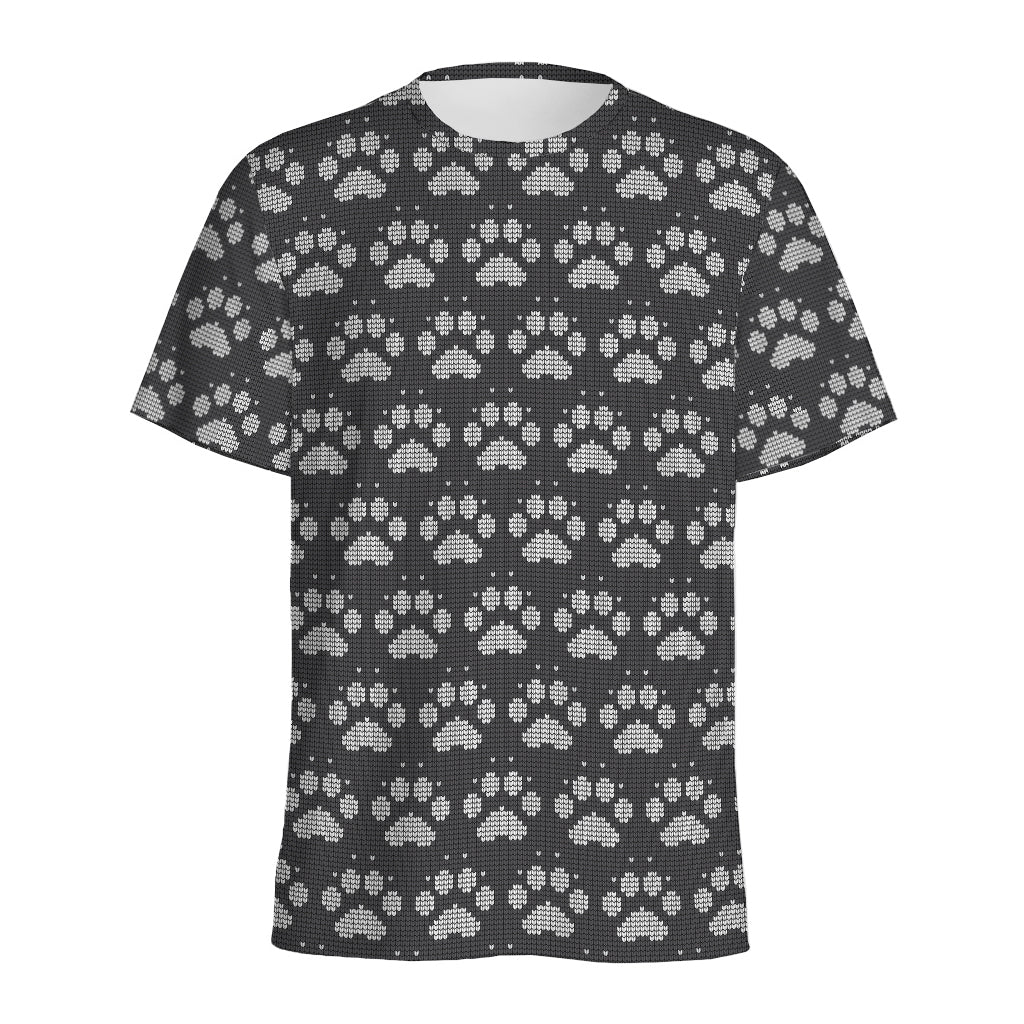 Grey And White Paw Knitted Pattern Print Men's Sports T-Shirt