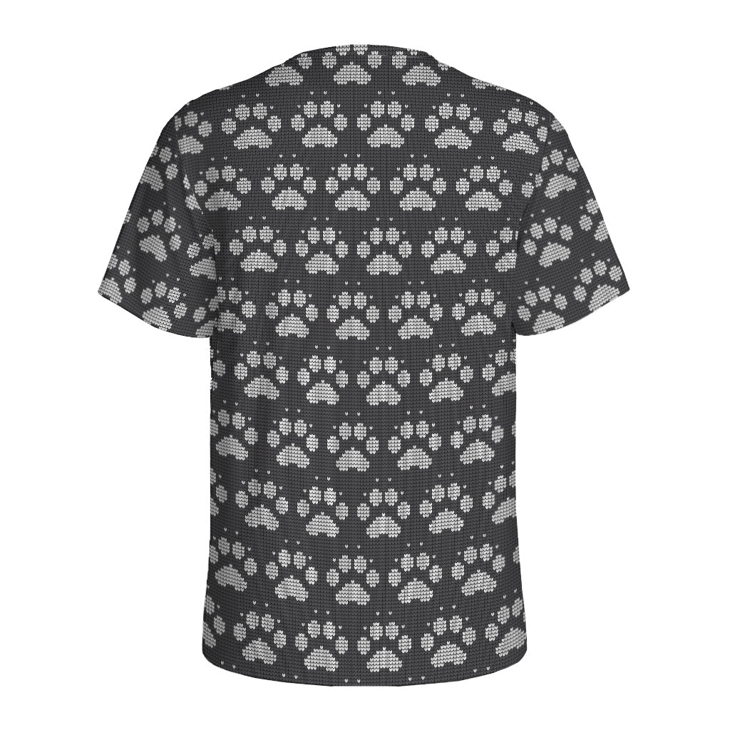 Grey And White Paw Knitted Pattern Print Men's Sports T-Shirt