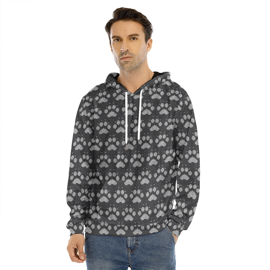 Grey And White Paw Knitted Pattern Print Men's Velvet Pullover Hoodie