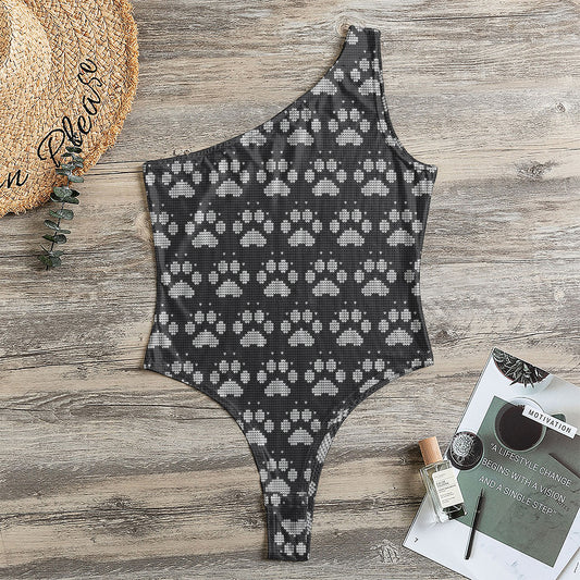 Grey And White Paw Knitted Pattern Print One Shoulder Bodysuit