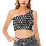 Grey And White Paw Knitted Pattern Print One Shoulder Crop Top