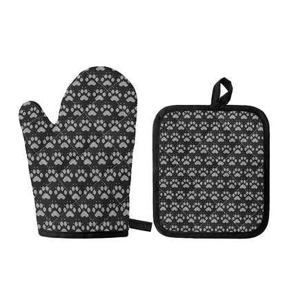 Grey And White Paw Knitted Pattern Print Oven Mitt And Pot Holder Set