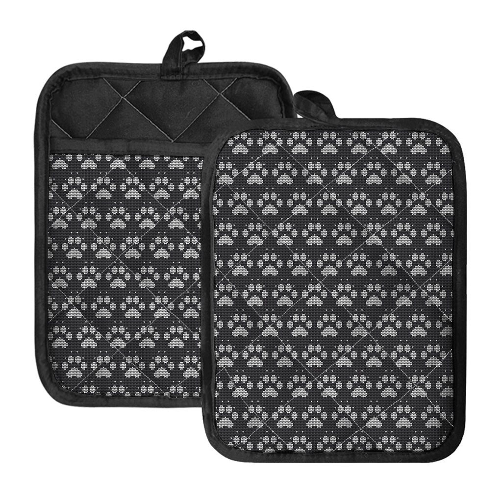 Grey And White Paw Knitted Pattern Print Pot Holders With Pocket