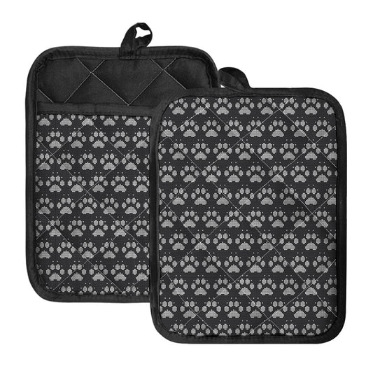 Grey And White Paw Knitted Pattern Print Pot Holders With Pocket