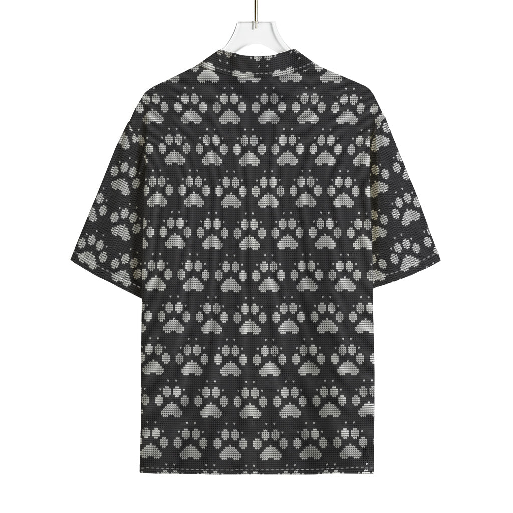 Grey And White Paw Knitted Pattern Print Rayon Hawaiian Shirt