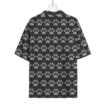 Grey And White Paw Knitted Pattern Print Rayon Hawaiian Shirt