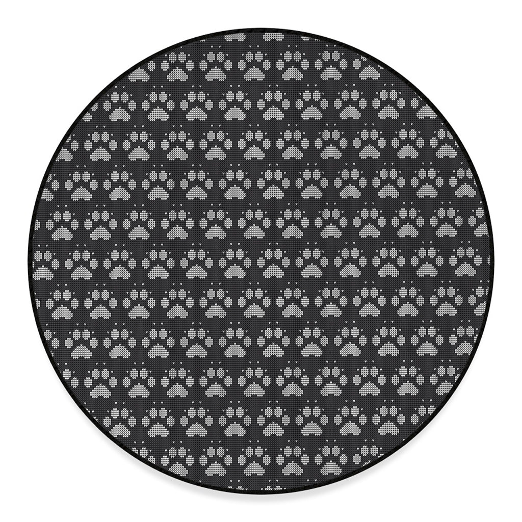 Grey And White Paw Knitted Pattern Print Round Floor Mat