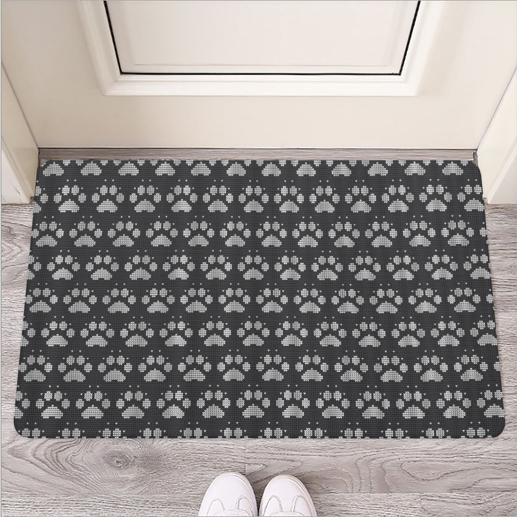 Grey And White Paw Knitted Pattern Print Rubber Doormat