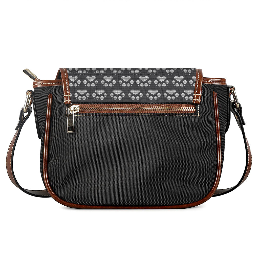 Grey And White Paw Knitted Pattern Print Saddle Bag
