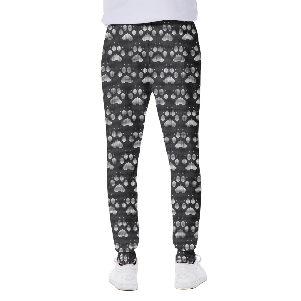 Grey And White Paw Knitted Pattern Print Scuba Joggers