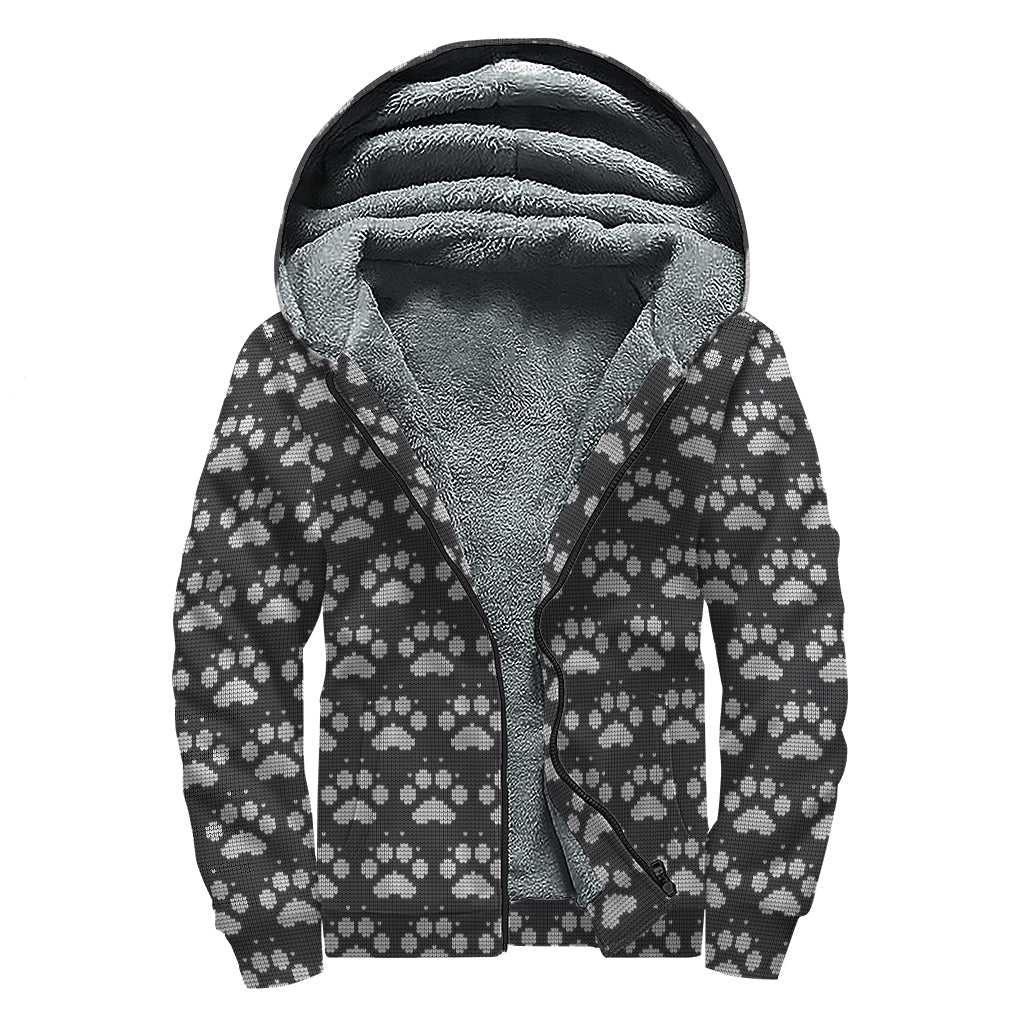 Grey And White Paw Knitted Pattern Print Sherpa Lined Zip Up Hoodie