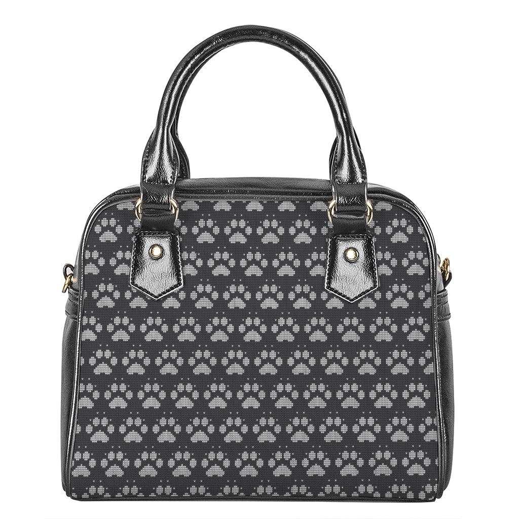 Grey And White Paw Knitted Pattern Print Shoulder Handbag