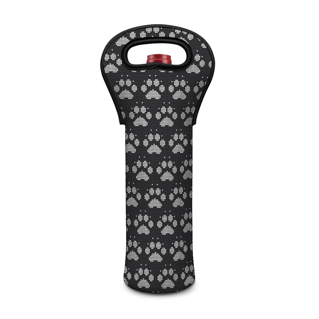 Grey And White Paw Knitted Pattern Print Single Neoprene Wine Tote