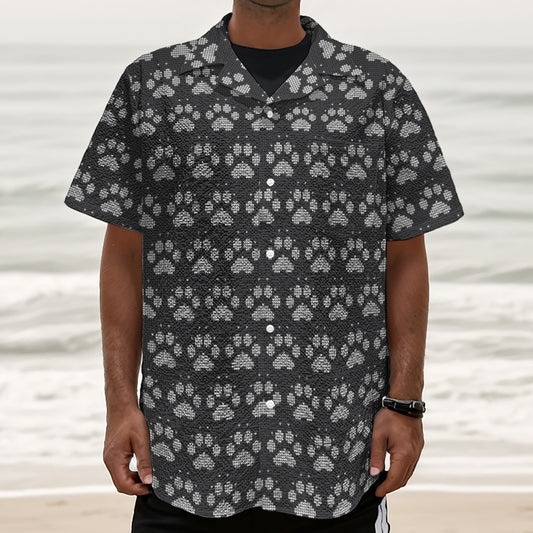 Grey And White Paw Knitted Pattern Print Textured Short Sleeve Shirt