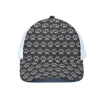 Grey And White Paw Knitted Pattern Print White Mesh Trucker Cap