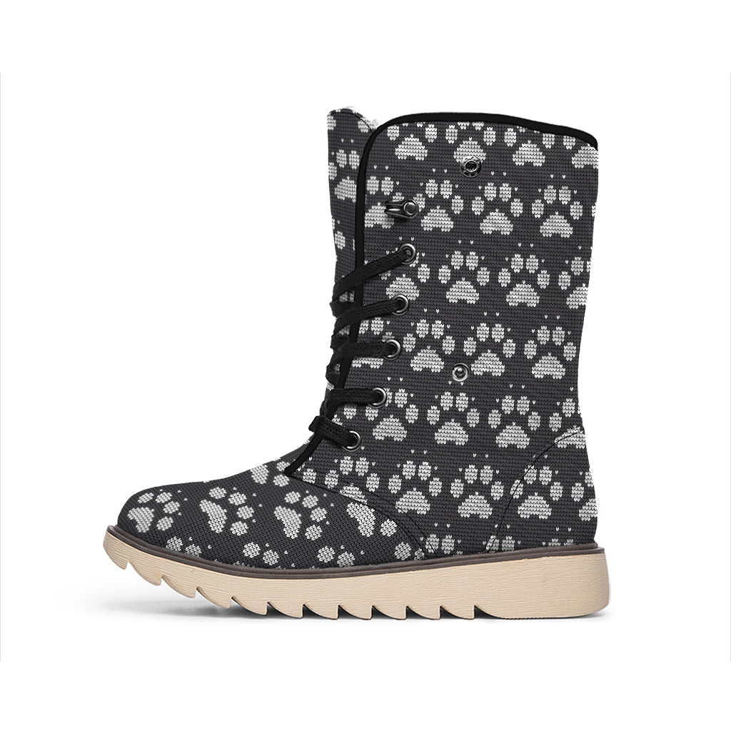 Grey And White Paw Knitted Pattern Print Winter Boots