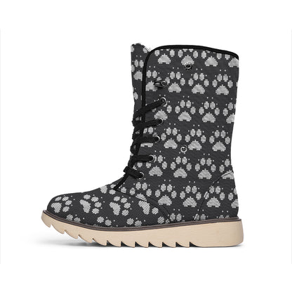 Grey And White Paw Knitted Pattern Print Winter Boots