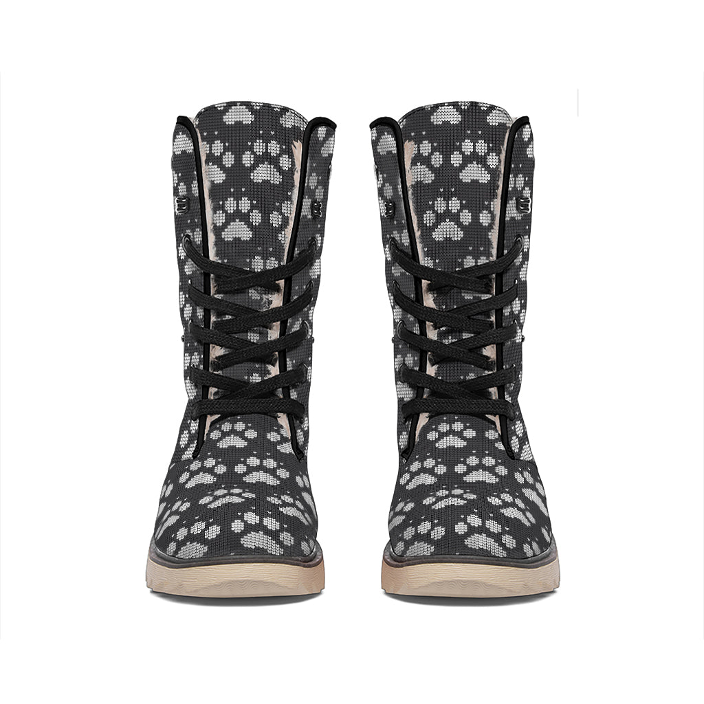 Grey And White Paw Knitted Pattern Print Winter Boots