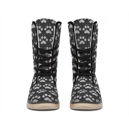 Grey And White Paw Knitted Pattern Print Winter Boots