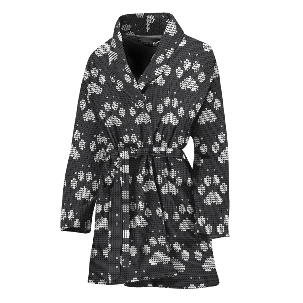 Grey And White Paw Knitted Pattern Print Women's Bathrobe