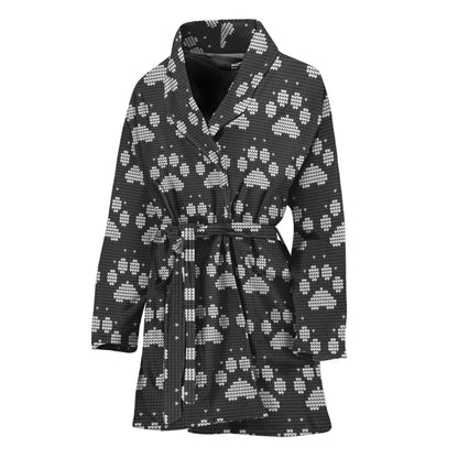 Grey And White Paw Knitted Pattern Print Women's Bathrobe
