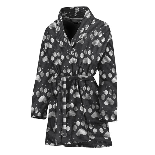 Grey And White Paw Knitted Pattern Print Women's Bathrobe