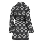 Grey And White Paw Knitted Pattern Print Women's Bathrobe