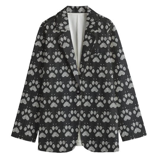 Grey And White Paw Knitted Pattern Print Women's Blazer