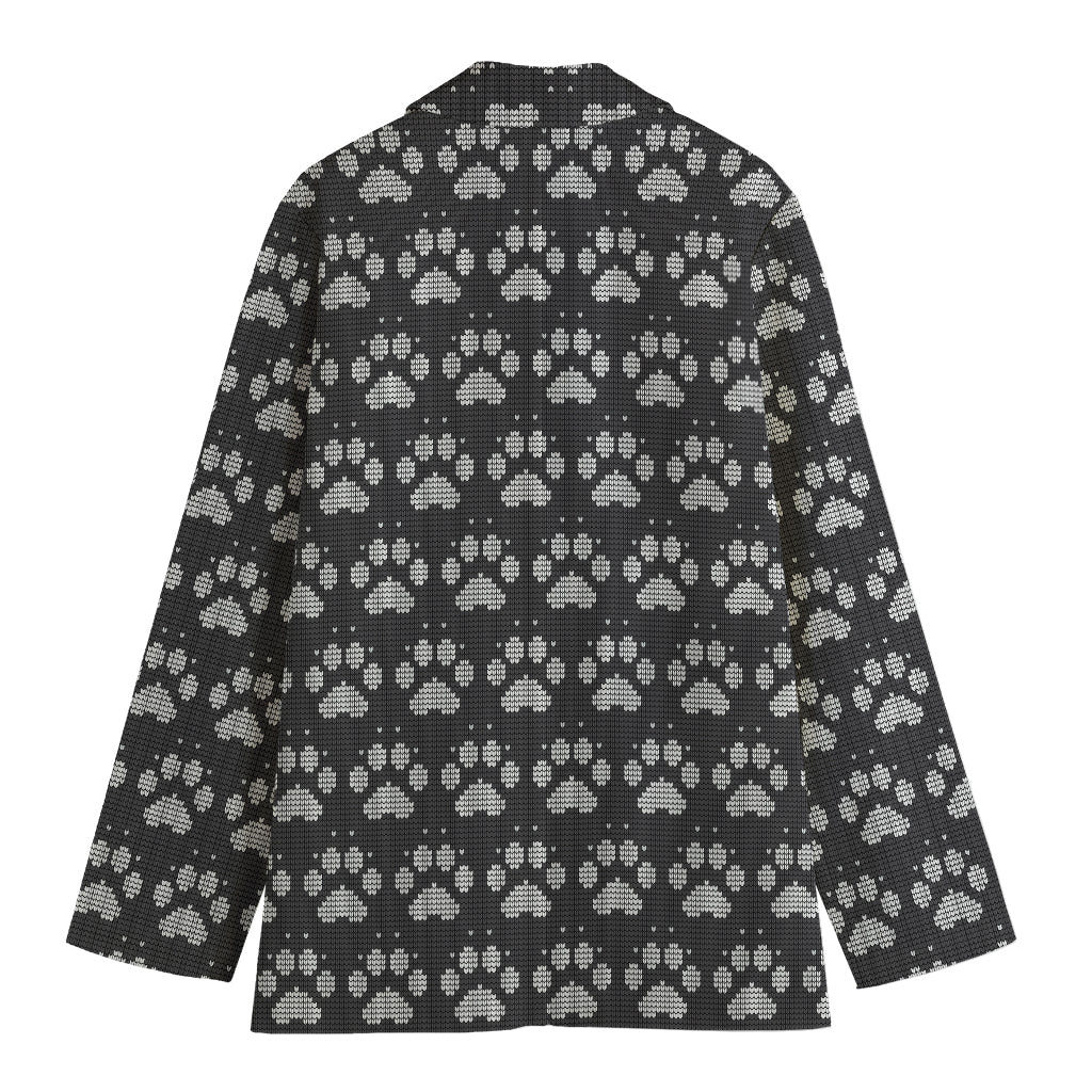 Grey And White Paw Knitted Pattern Print Women's Blazer