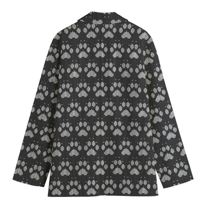 Grey And White Paw Knitted Pattern Print Women's Blazer