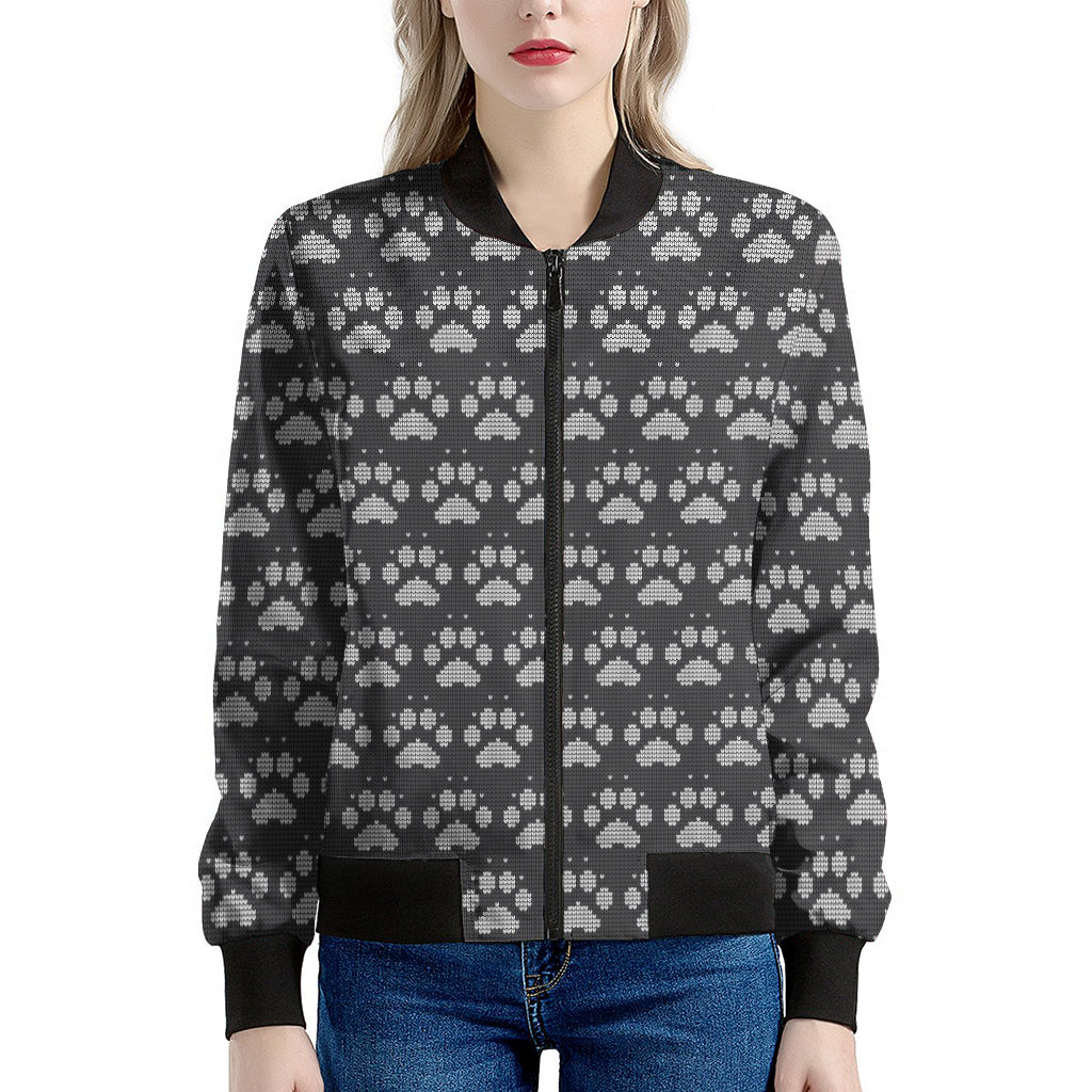 Grey And White Paw Knitted Pattern Print Women's Bomber Jacket
