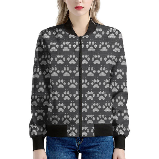 Grey And White Paw Knitted Pattern Print Women's Bomber Jacket