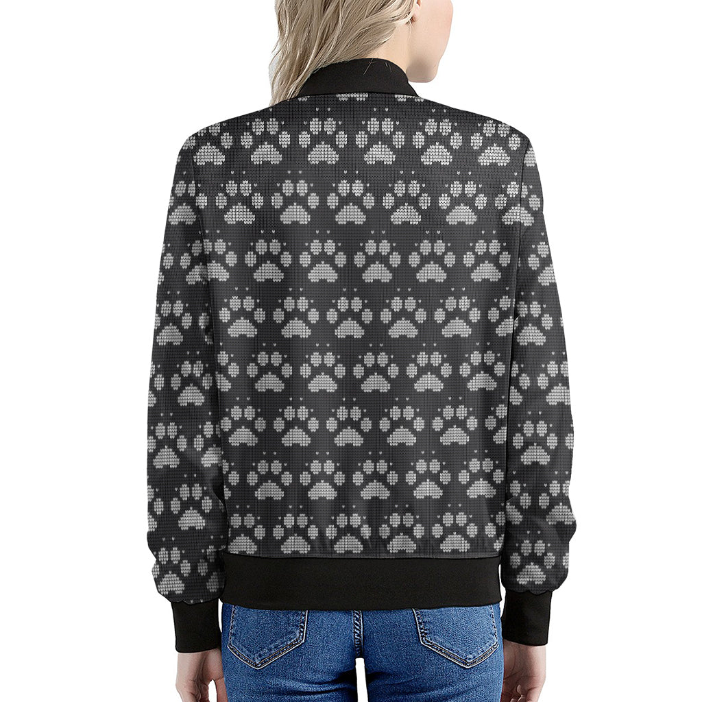 Grey And White Paw Knitted Pattern Print Women's Bomber Jacket