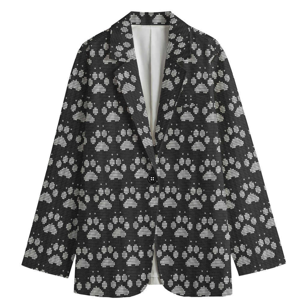Grey And White Paw Knitted Pattern Print Women's Cotton Blazer
