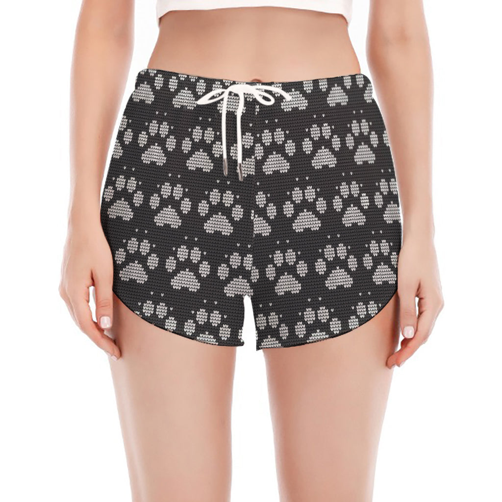 Grey And White Paw Knitted Pattern Print Women's Split Running Shorts