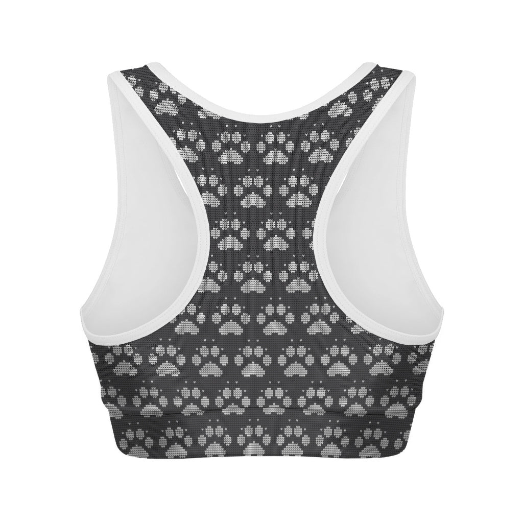 Grey And White Paw Knitted Pattern Print Women's Sports Bra