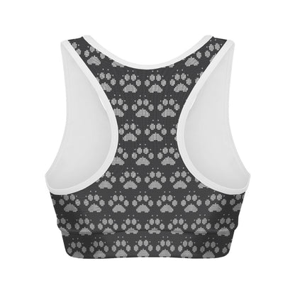 Grey And White Paw Knitted Pattern Print Women's Sports Bra